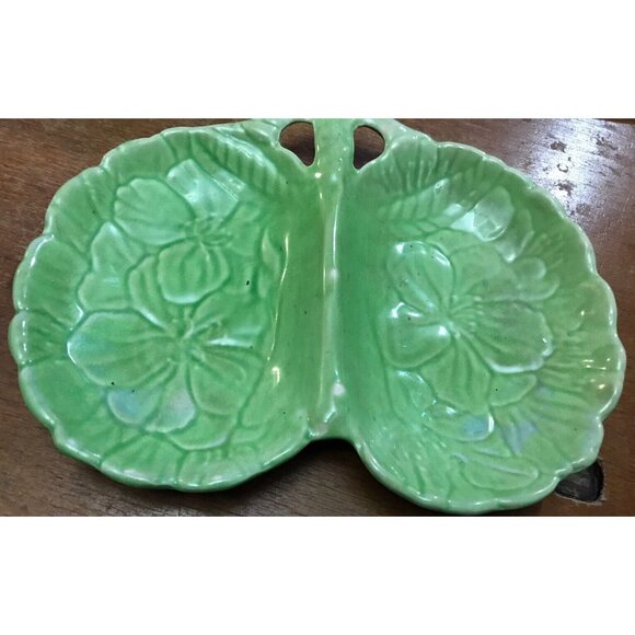 Vintage Shorter & Son Ltd Green Leaf Lettuce Divided dish butterfly Nut bowl - Picture 2 of 5